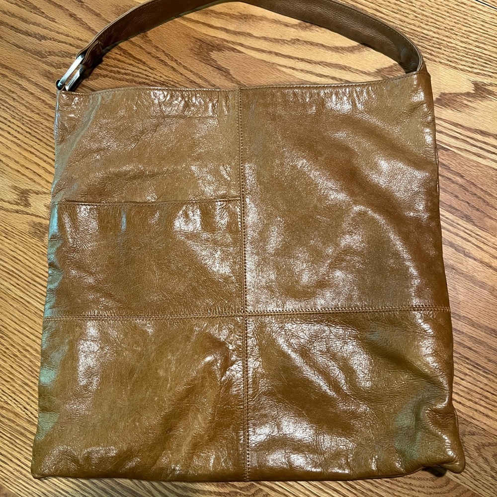 HOBO Soft Leather Camel Bag with Red and Black Geometric Patterned Interior